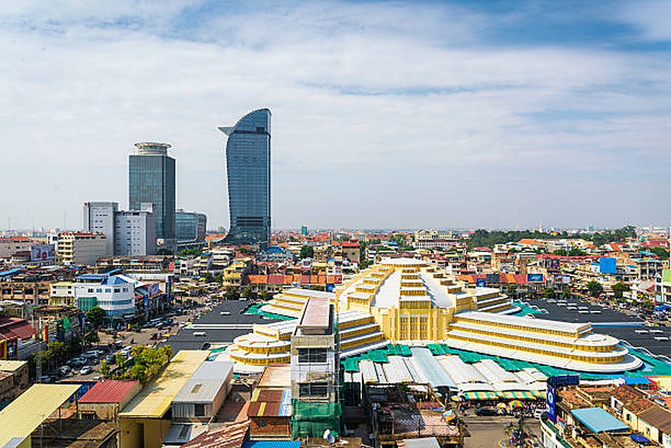 Aerial view of Phnom Penh with Central Market and the city skyline