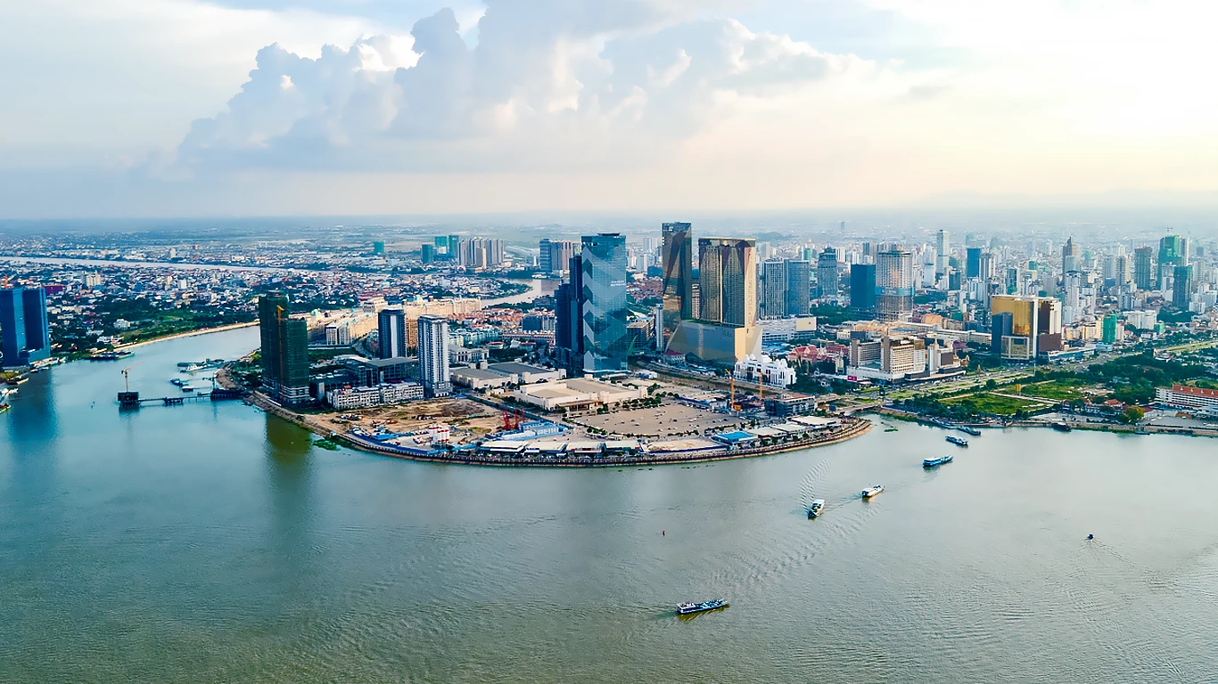 Aerial view of Phnom Penh's riverfront skyline and Diamond Island